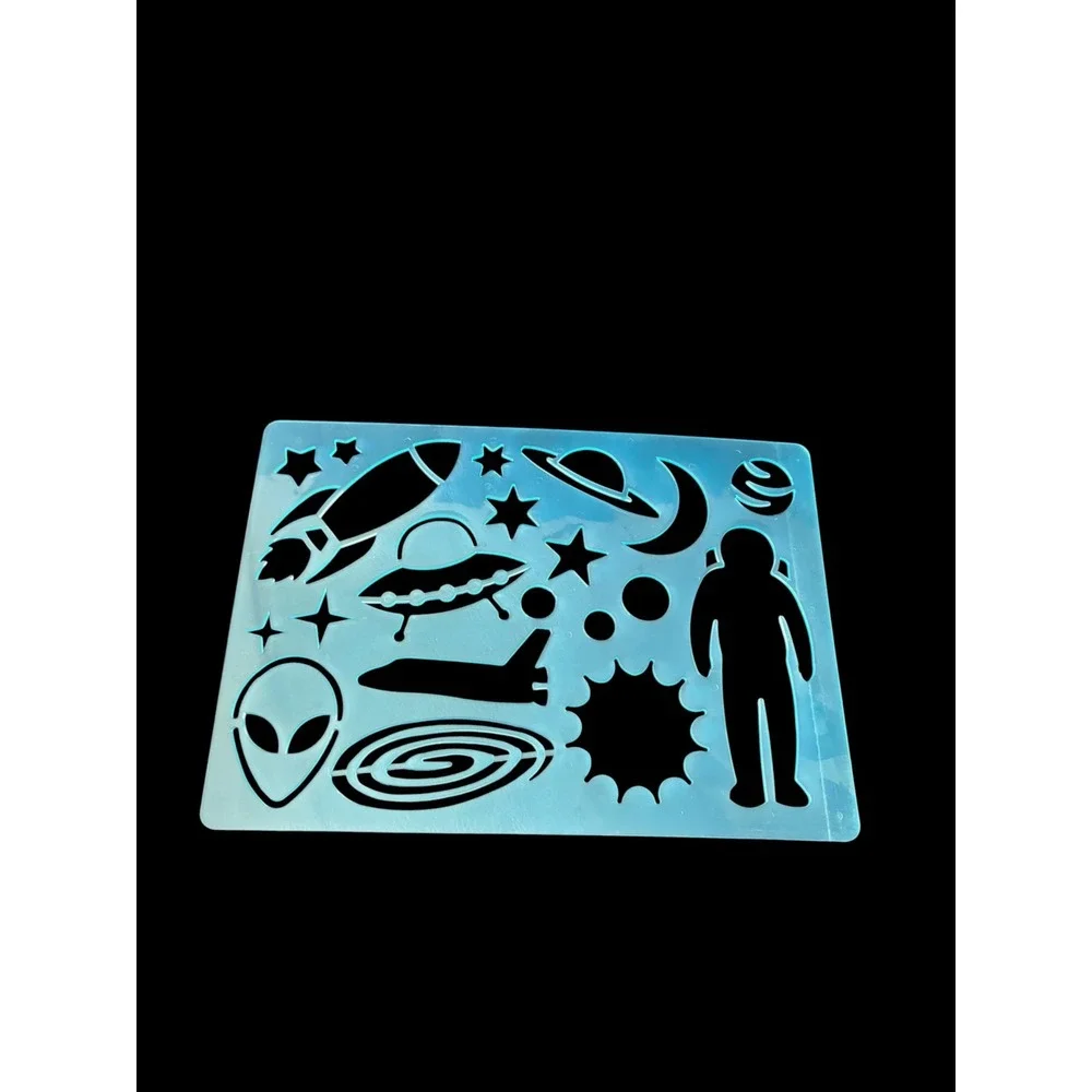 Space Stencil Rocket Astronaut Alien UFO Planets Blue Plastic Drawing Template